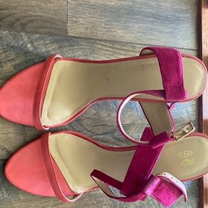 Hot pink and peach strap high heel sandal. Perfect for slim foot